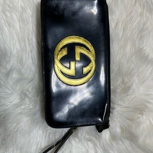 Gucci Black Leather Wristlet Clutch with Gold Logo